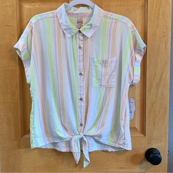 (K259) NWT, Wonder Nation Girls Plus Sz 14-16 Linen Camp Top, Tie Front 1 pocket - Picture 2 of 12